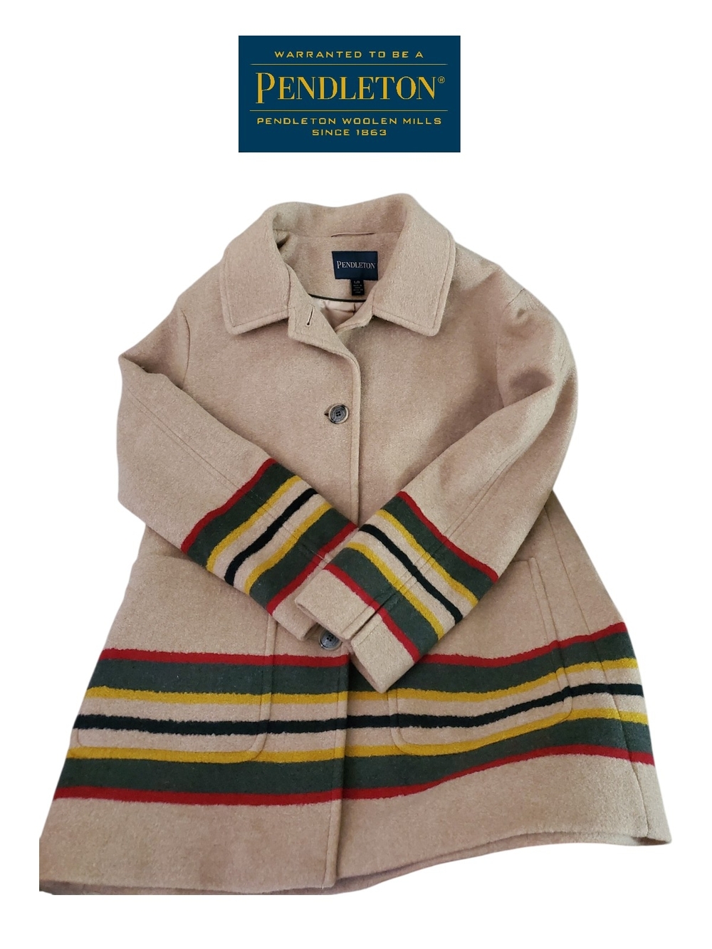 Pendleton Wool Topper Coat Camel Tan Striped Cuffs Hem Pockets Women Large NWOT - Picture 7 of 11